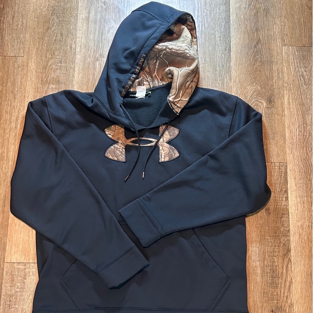 Under Armour Storm Hoodie Mens Large Black Camo Logo Pullover Sweatshirt Loose